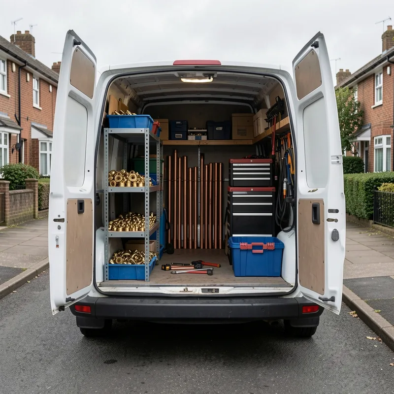 Camion atelier de plombier ouvert avec caisses à outils, tubes de cuivre et bacs de raccords rangés