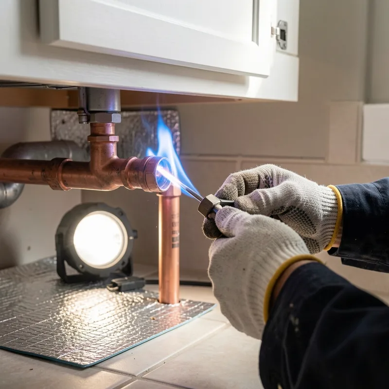 Plombier soudant un raccord de cuivre au chalumeau sous un évier, éclairage de lampe de chantier