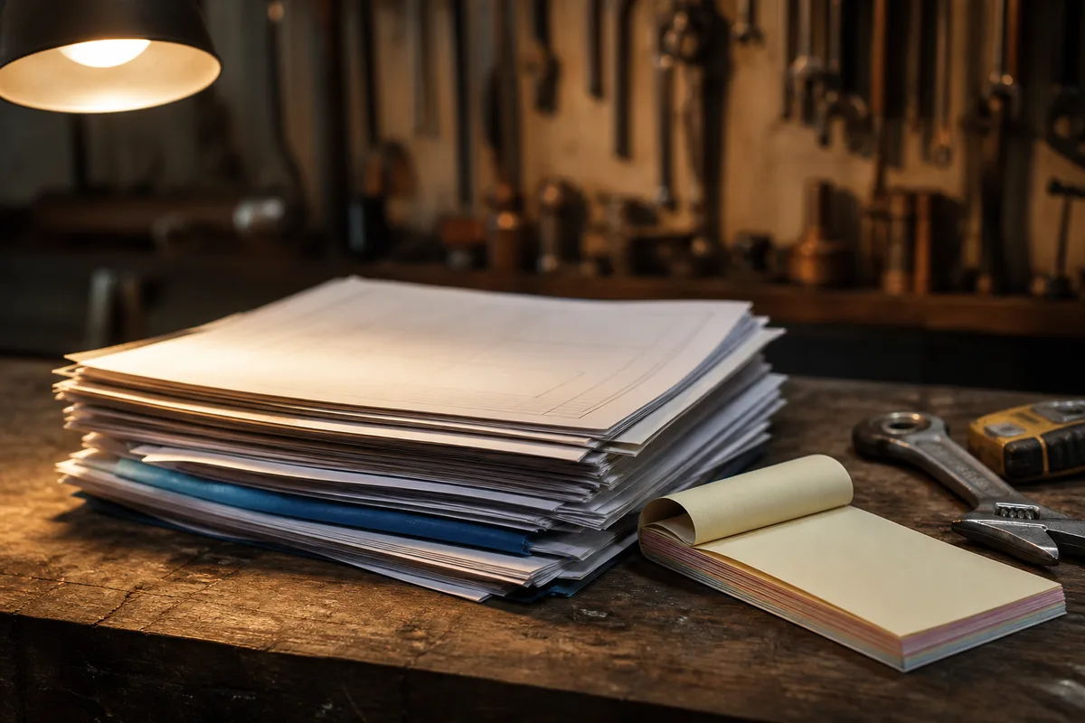 Devis de plomberie détaillé posé sur une table, lignes de prix et colonne de TVA visibles sous une lampe d&rsquo;atelier