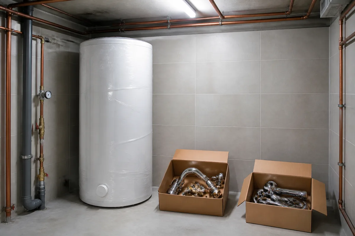 Chauffe-eau et robinetterie neufs alignés dans un atelier de plomberie, cartons ouverts et outils posés au sol