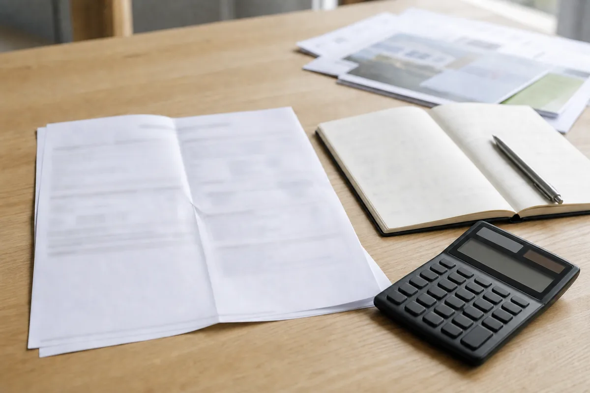 Devis de plomberie et calculette posés sur une table en bois avec un carnet de notes