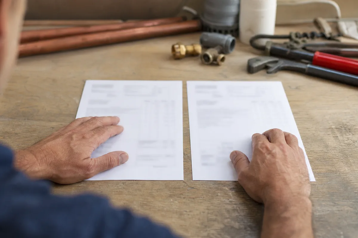 Mains d&rsquo;un artisan plombier comparant deux feuilles de devis côte à côte sur un établi