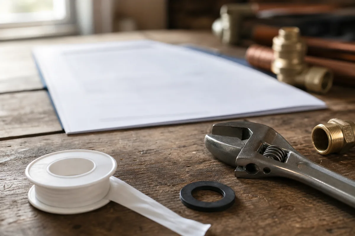 Devis de plomberie posé sur une table en bois à côté d&rsquo;outils, lumière naturelle du matin