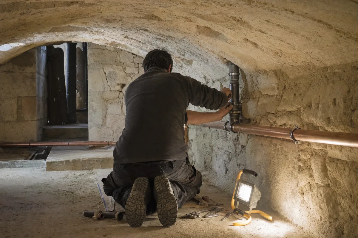 Silhouette d&rsquo;un artisan de dos travaillant sur une canalisation dans une cave voûtée en pierre