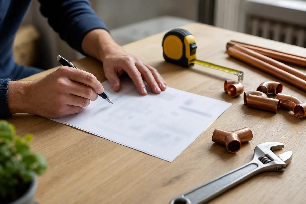 Devis de plomberie posé sur une table avec un mètre ruban et des raccords en cuivre