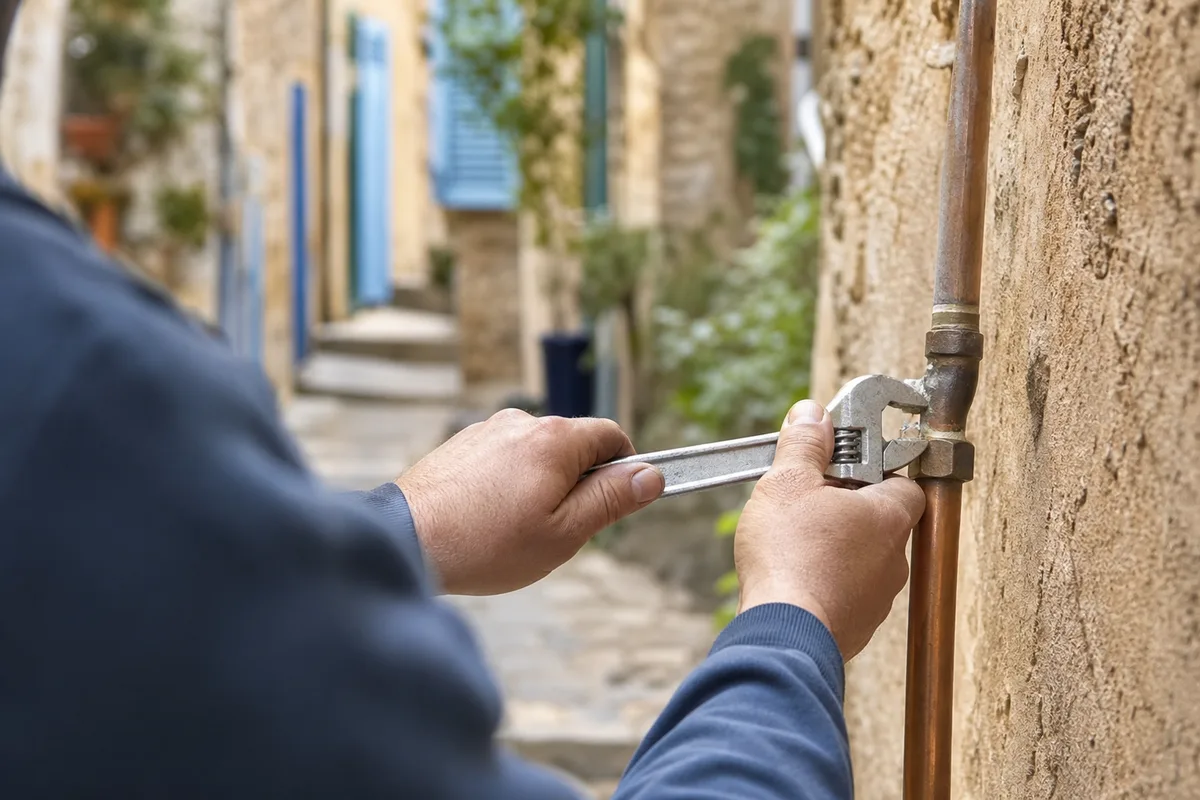 Ruelle pavée du village de Bormes-les-Mimosas avec outillage de plomberie