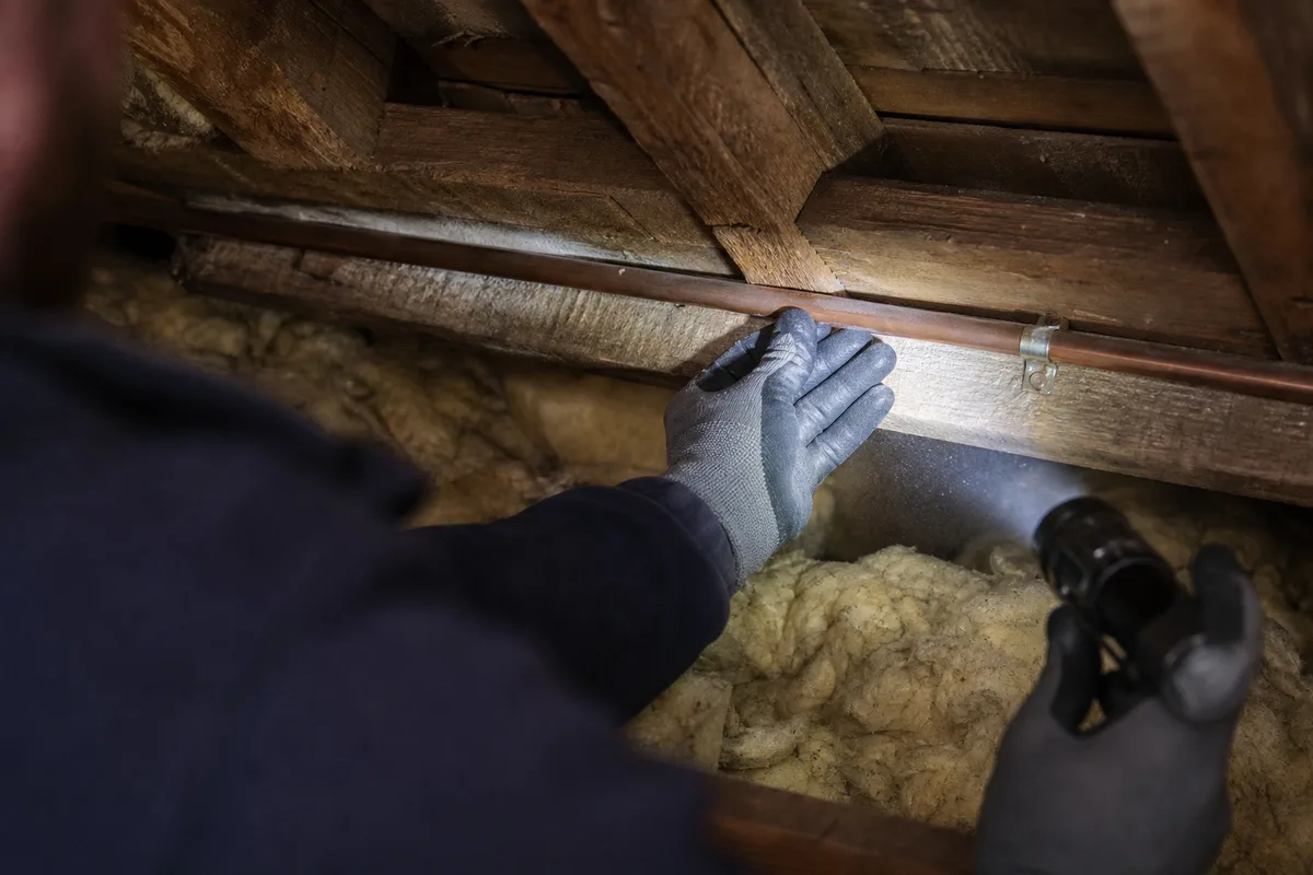 Plombier examinant une canalisation ancienne dans les combles d&rsquo;une maison à colombages normande