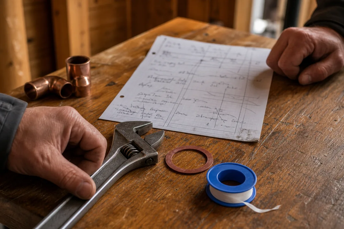 Outils de plombier et devis posés sur une table en bois dans un chalet