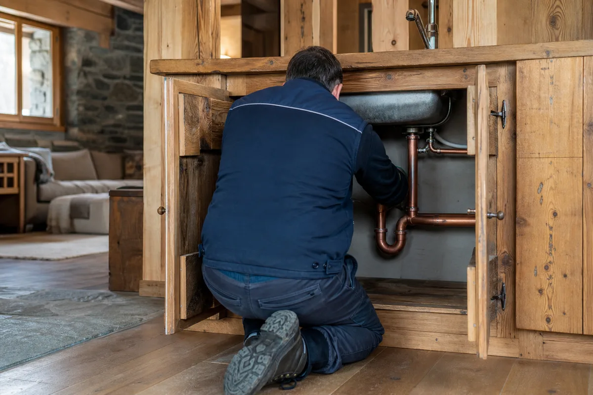 Plombier de dos vérifiant une installation dans un chalet de montagne
