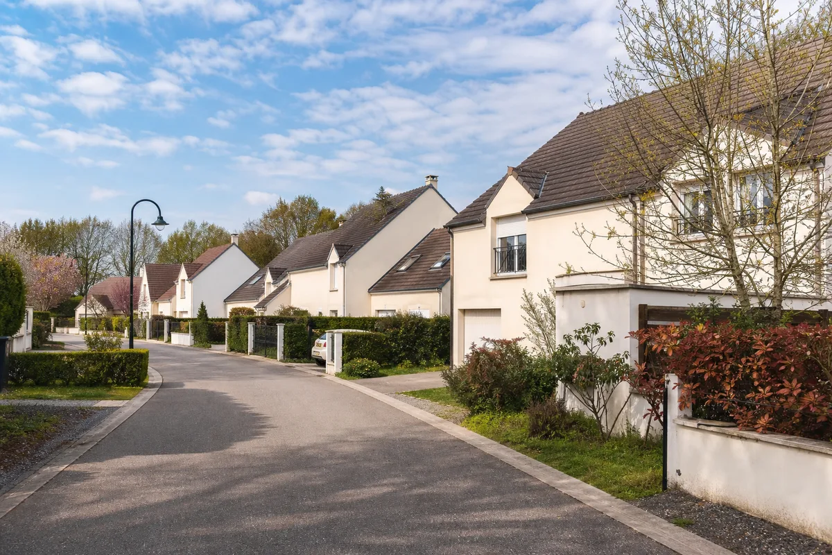 Lotissement pavillonnaire récent en Brie avec jardins clos et allées bordées de haies