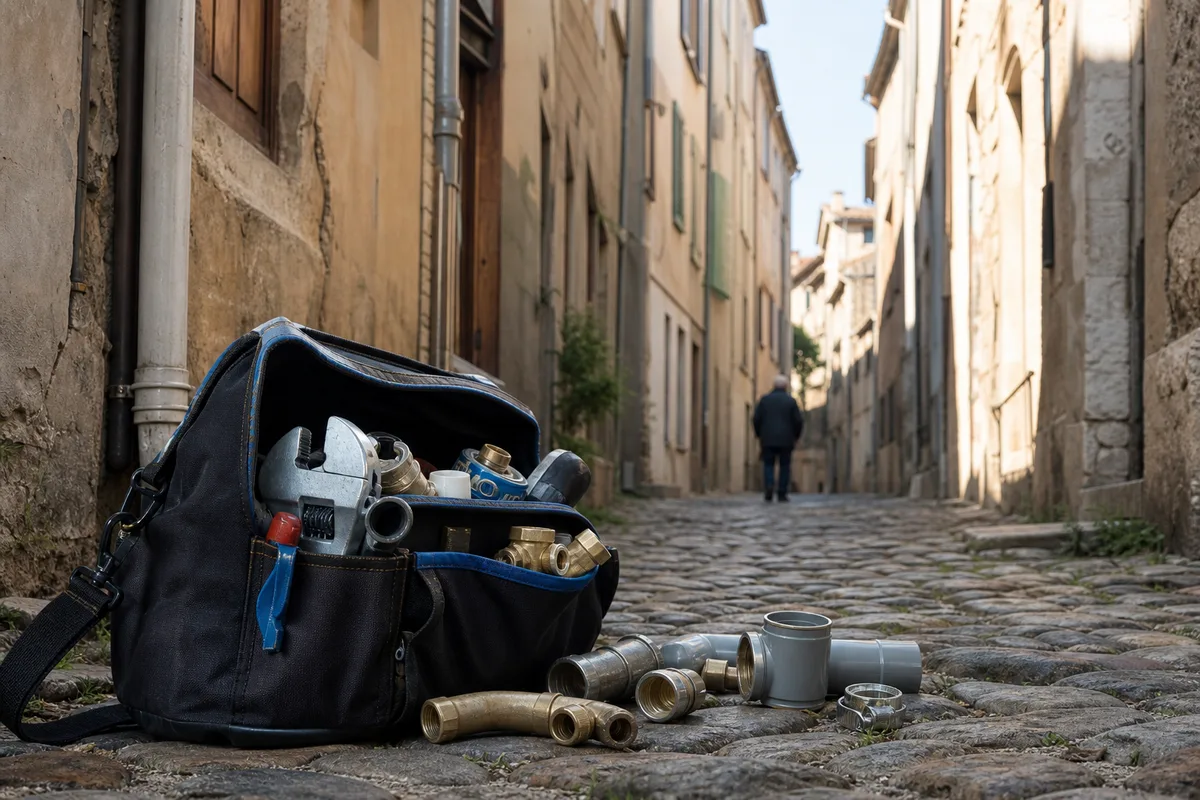Ruelle pavée de vieille ville avec façades étroites et outils de plomberie posés au sol