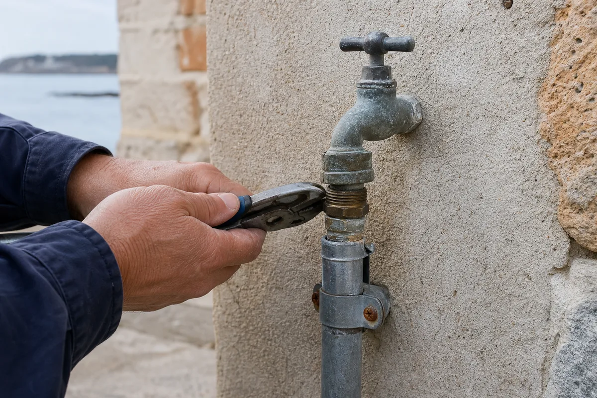 Robinetterie extérieure en inox partiellement corrodée par les embruns sur une façade de bord de mer
