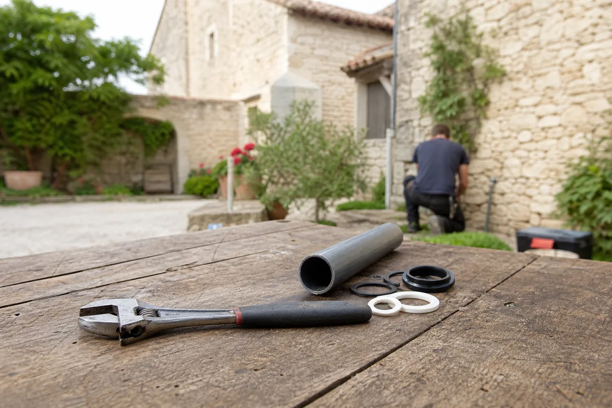 Cour intérieure d&rsquo;une longère en pierre avec outils de plomberie sur une table en bois