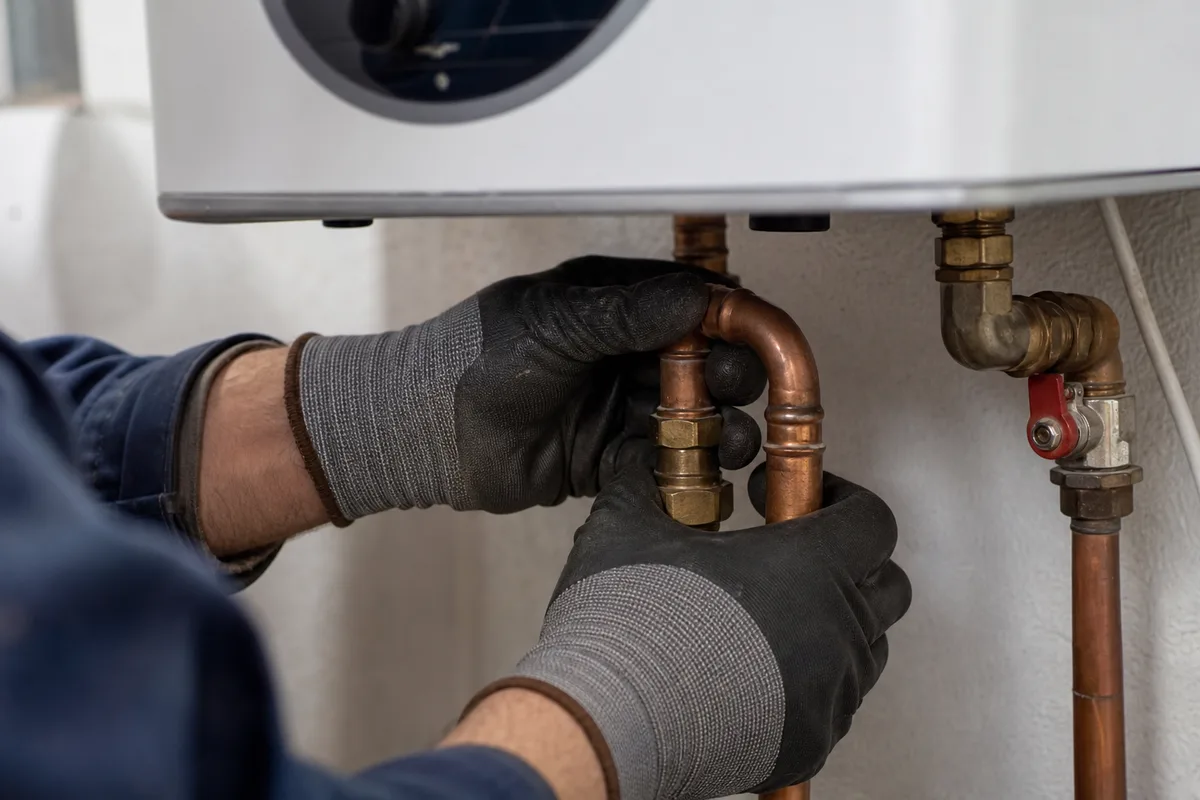 Mains gantées vérifiant un raccord de tuyauterie en cuivre près d&rsquo;un chauffe-eau