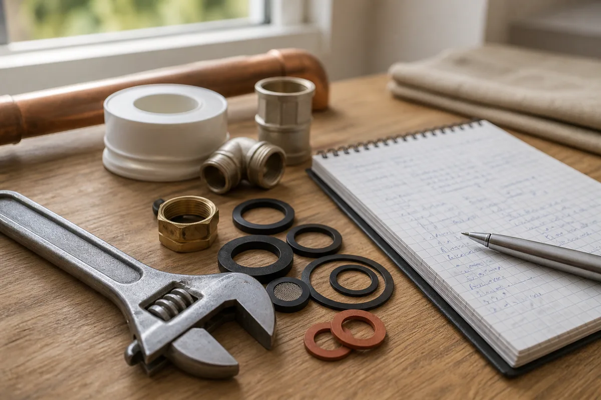 Outils de plomberie et carnet de devis posés sur une table en bois, lumière naturelle du matin