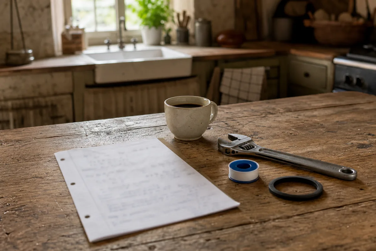 Outils de plombier et devis posés sur une table en bois dans une cuisine rustique
