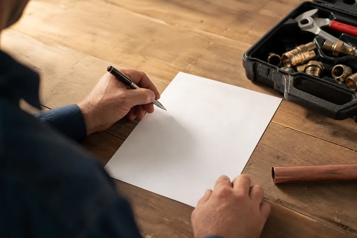 Plombier consultant un devis plomberie sur une table en bois avec outils