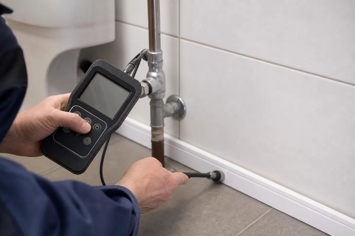 Recherche de fuite d&rsquo;eau avec un appareil de détection près d&rsquo;un mur carrelé